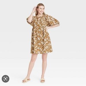 Universal Thread Floral Mustard Puff Sleeve Dress